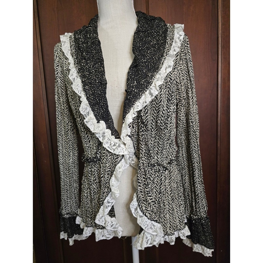 Alberto Makali Herringbone Lace Ruffle Cardigan Jacket L Coquette Dark Academia - Picture 3 of 9